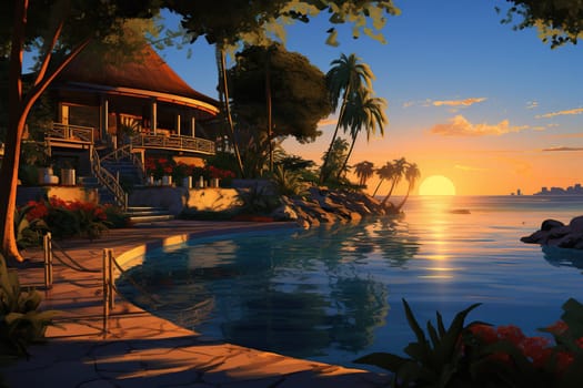 Cozy hotel, villa on the seashore with palm trees at sunset.