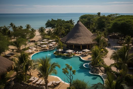 Swimming pool at a luxury resort with lots of greenery and sun loungers.