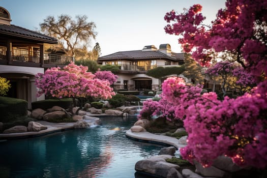 View of a beautiful hotel with a large swimming pool and pink flowers on the premises. Luxury travel vacation.