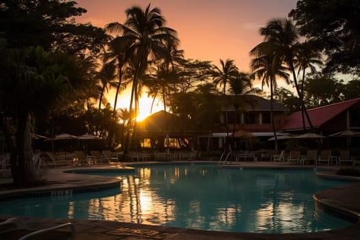 Swimming pool at a luxury resort with lots of greenery and sun loungers at sunset.