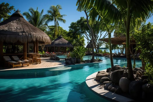 Swimming pool at a luxury resort with lots of greenery and sun loungers.