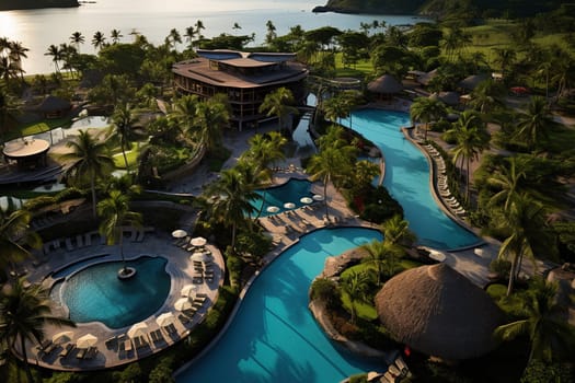 Luxurious Asian-style hotel with swimming pools, palm trees and a large area on the coast.