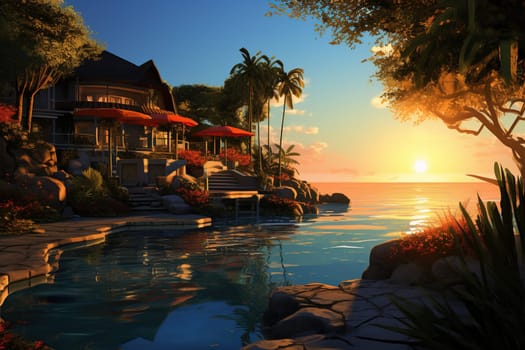 Cozy hotel, villa on the seashore with palm trees at sunset.