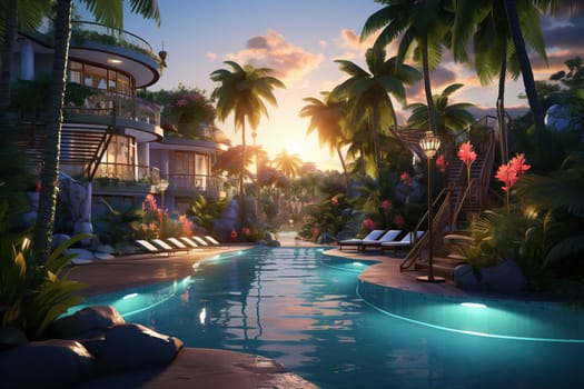 Luxury hotel with swimming pool, palm trees and flowers at sunset. Illuminated swimming pool. Luxury travel vacation.