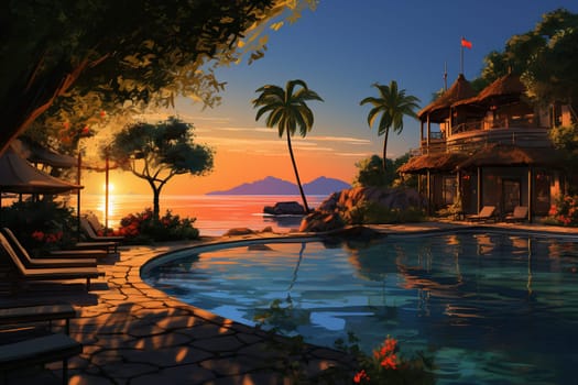 Cozy hotel, villa on the seashore with palm trees at sunset.