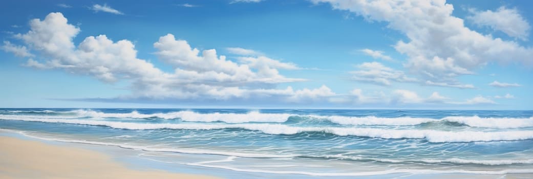 Serene beach scene with soft sandy shore, ocean waves, and a blue sky with fluffy clouds. Vacation mood that speaks of tranquility and relaxation. Peaceful holiday. Relax in the nature. Generative AI