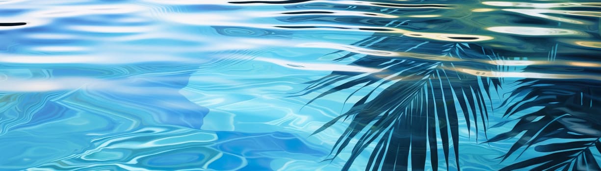 Vibrant palm leaf shadows play on the surface of a tranquil, sunlit swimming pool with blue water. Vacation, holiday background. Empty, copy space for text. Generative AI