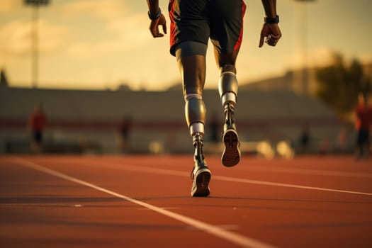 Athlete without two legs runs at the stadium. Generative AI.