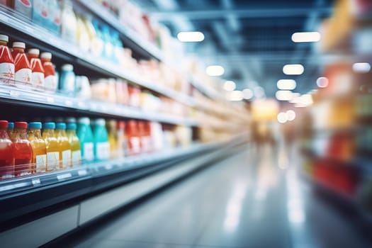 Supermarket with a variety of products, a long corridor, and light bulbs on the ceiling. Generative AI.