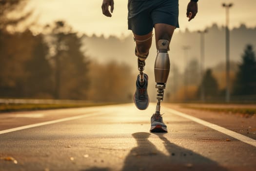 Athlete without two legs runs at the stadium. Generative AI.