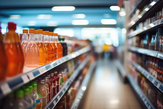 Supermarket with a variety of products, a long corridor, and light bulbs on the ceiling. Generative AI.