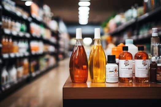 Supermarket with a variety of products, a long corridor, and light bulbs on the ceiling. Generative AI.