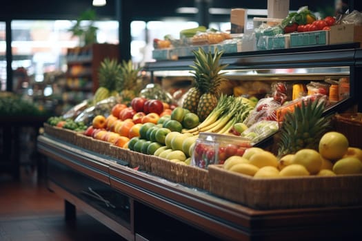 Supermarket with a variety of products, a long corridor, and light bulbs on the ceiling. Generative AI.