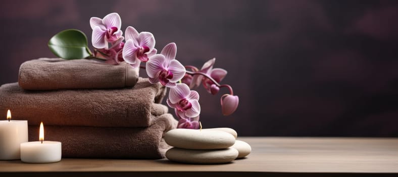 Towels with herbal bags in spa center. Generative AI.