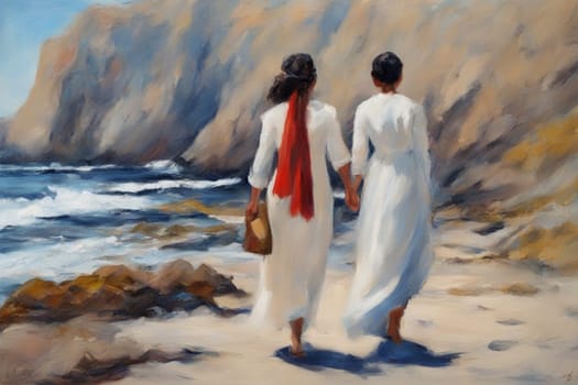 gay loving couple walking by hand in the beach, romantic open mixed race and gender relationship illustration concept generative ai art