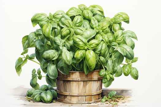 Basil in a pot, watercolor drawing.