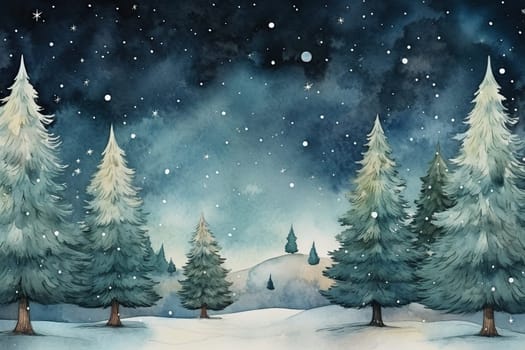 Fir trees in the forest against the background of the night starry sky, watercolor drawing.