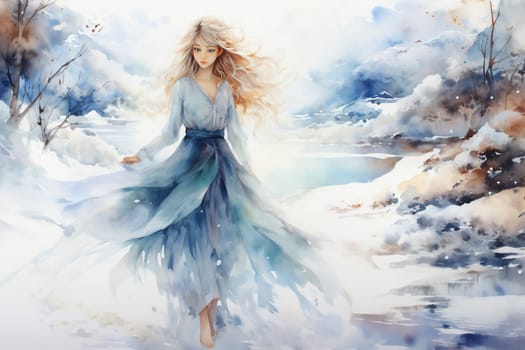 A young woman with blond long hair in a white dress in the middle of a winter landscape. Watercolor drawing.