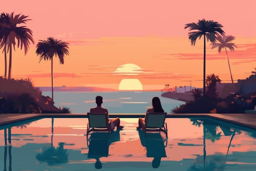 relax man pool bali paradise couple love ocean romantic island holiday getaway vacation sunset resort travel honeymoon back swimming spa. Generative AI.
