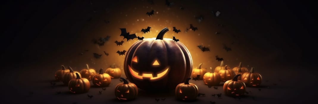 halloween table blue design wood silhouette background pumpkin jack fall horror scary candle sky haunted cemetery dark night mystery bat fear. Generative AI.