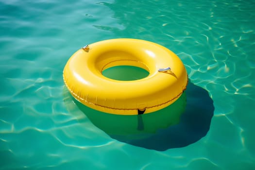 pool float sunlight rescue vacation hotel play ring plastic wave beach children circle pool swimming security yellow swim water sunny resort. Generative AI.