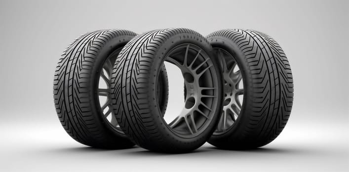 new wheel tire service car alloy rim drive auto rubber clean isolated object white profile closeup background tyre heap automobile industry. Generative AI.