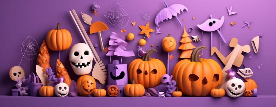 holiday party black celebration purple fun candy party colourful orange halloween decorated table witch halloween snack sweet spider cake bat pumpkin. Generative AI.