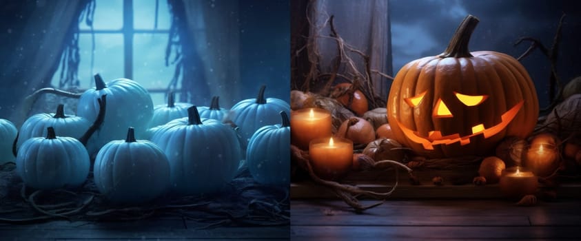 gothic candle light sky halloween table october blue background lantern horror wood fear night spooky mystery fall evil pumpkin creepy funny. Generative AI.