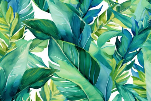 print trendy tropical summer green retro spring floral leaf texture design background exotic wallpaper plant drawing palm art seamless pattern jungle. Generative AI.