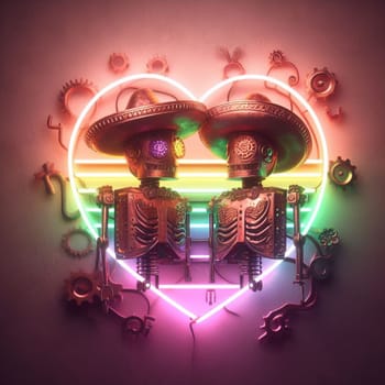 steampunk bee king and queen in love neon sign valentines illustration concept rusty background generative ai art