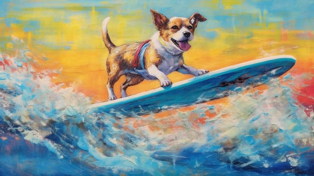 dog vacation hawaiian vintage animal terrier surfer surfing puppy fun wave beach board sea flower summer illustration ocean power funny. Generative AI.