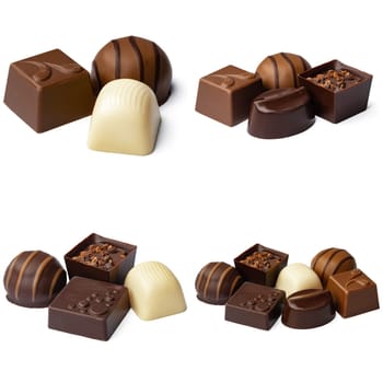 Chocolate candies collection collage isolated on white background