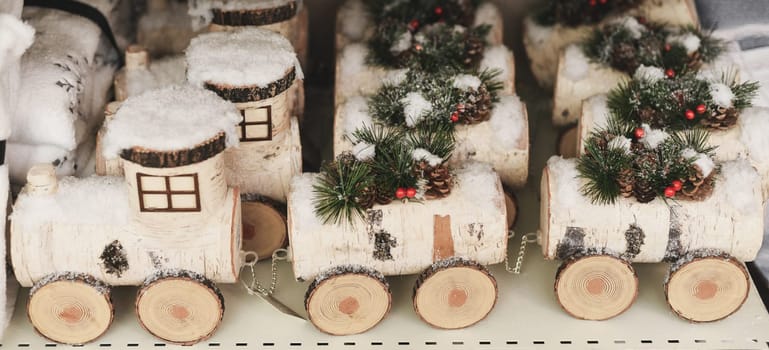 Children's wooden birch train for Christmas