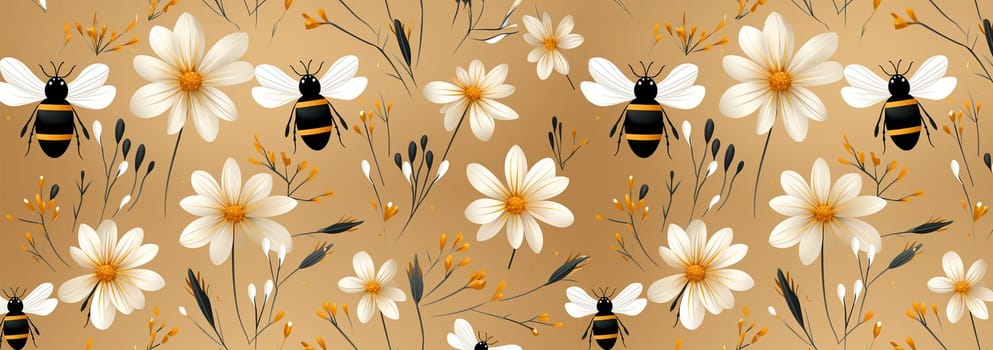 Cute bumblebee pattern. Seamless pattern of flying bees and little flowers on a light pastel background illustration. Cute cartoon character. Spring concept design Adorable