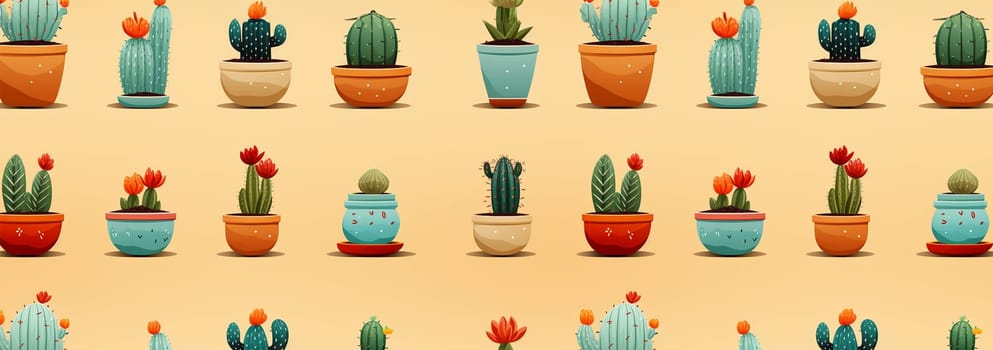 Pattern various type of cute cactus plants. Various cactus collection. Vintage silhouette style illustration.Colorful backgound