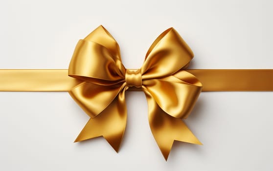 Shiny color satin ribbon on white background. Christmas gift, valentines day, birthday wrapping element. Decorative golden bow with long ribbon isolated Festive