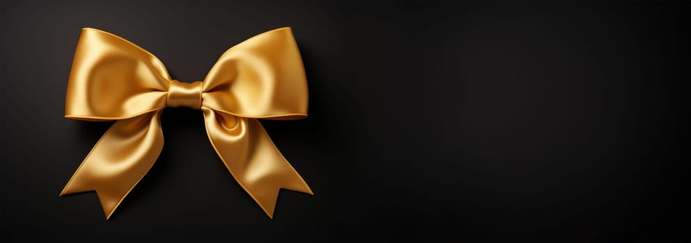 Realistic golden bow isolated on black background. Golden gift bows for cards, presentation, valentine's day, christmas and birthday illustrations. Copy space Space for text