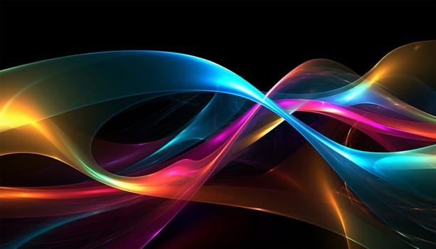 Abstract 3d render. Multicolored waves. Holographic shape in motion. Iridescent gradient digital art for banner background, wallpaper. Transparent glossy design element flying in seascape. Black background Various neon colors modern