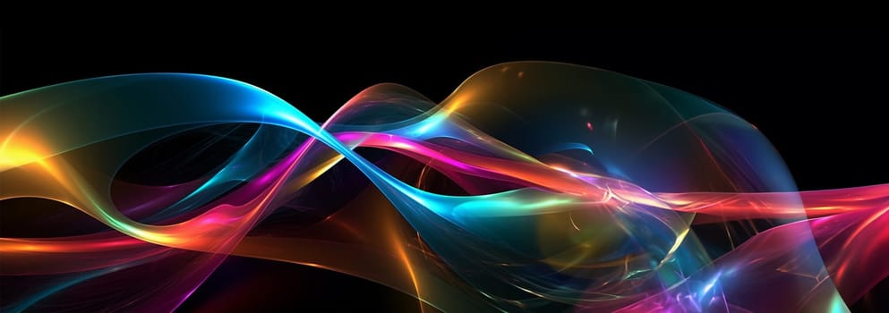 Abstract 3d render. Multicolored waves. Holographic shape in motion. Iridescent gradient digital art for banner background, wallpaper. Transparent glossy design element flying in seascape. Black background Various neon colors modern
