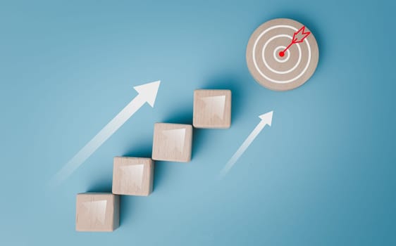 Wood cube block stacking with icon.Concept of business strategy and goal action plan. 