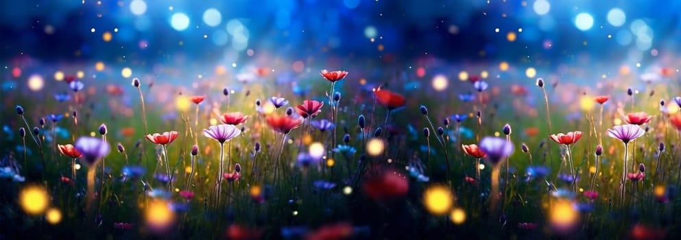 Wild flower field in the night magical lights. Summer meadow. Fantastical fantasy background of magical purple dark night sky with shining bokeh lights copy space Space for text web banner