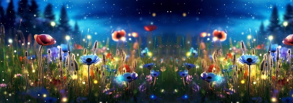 Wild flower field in the night magical lights. Summer meadow. Fantastical fantasy background of magical purple dark night sky with shining bokeh lights copy space Space for text web banner