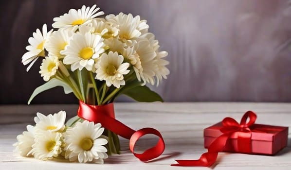 A bouquet of white daisies and a gift box with red satin ribbons. Gift for Valentine's Day