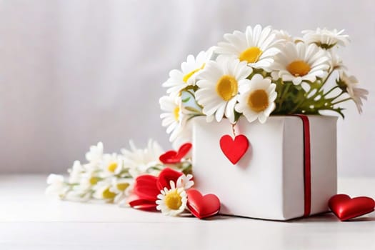 A bouquet of white daisies in a gift box with red satin ribbons and red hearts on a light background. Gift for Valentine's Day