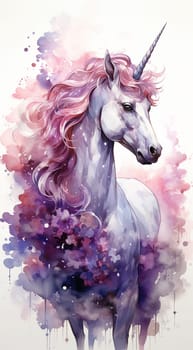 Magical cute unicorn pink fantasy background. Watercolor unicorn, magical unicorn pastel colored illustration white background. Magic