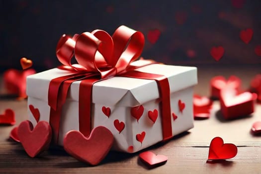 Gift or gift box, paper red heart and confetti on the table on a dark background. Postcard for Valentine's Day
