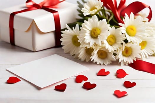 A bouquet of white daisies and a gift box on a table with red satin ribbons, a sheet of notes and red hearts on a light background. Gift for Valentine's Day