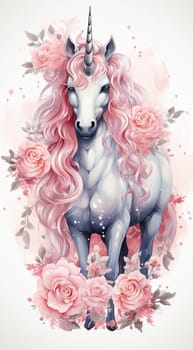 Magical cute unicorn pink fantasy background. Watercolor unicorn, magical unicorn pastel colored illustration white background. Magic