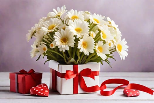 A bouquet of white daisies in a gift box with red satin ribbons and red hearts on a light background. Gift for Valentine's Day