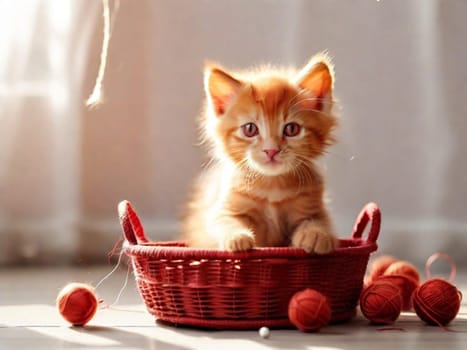 A small fluffy kitten lies in a basket with multi-colored balls of wool